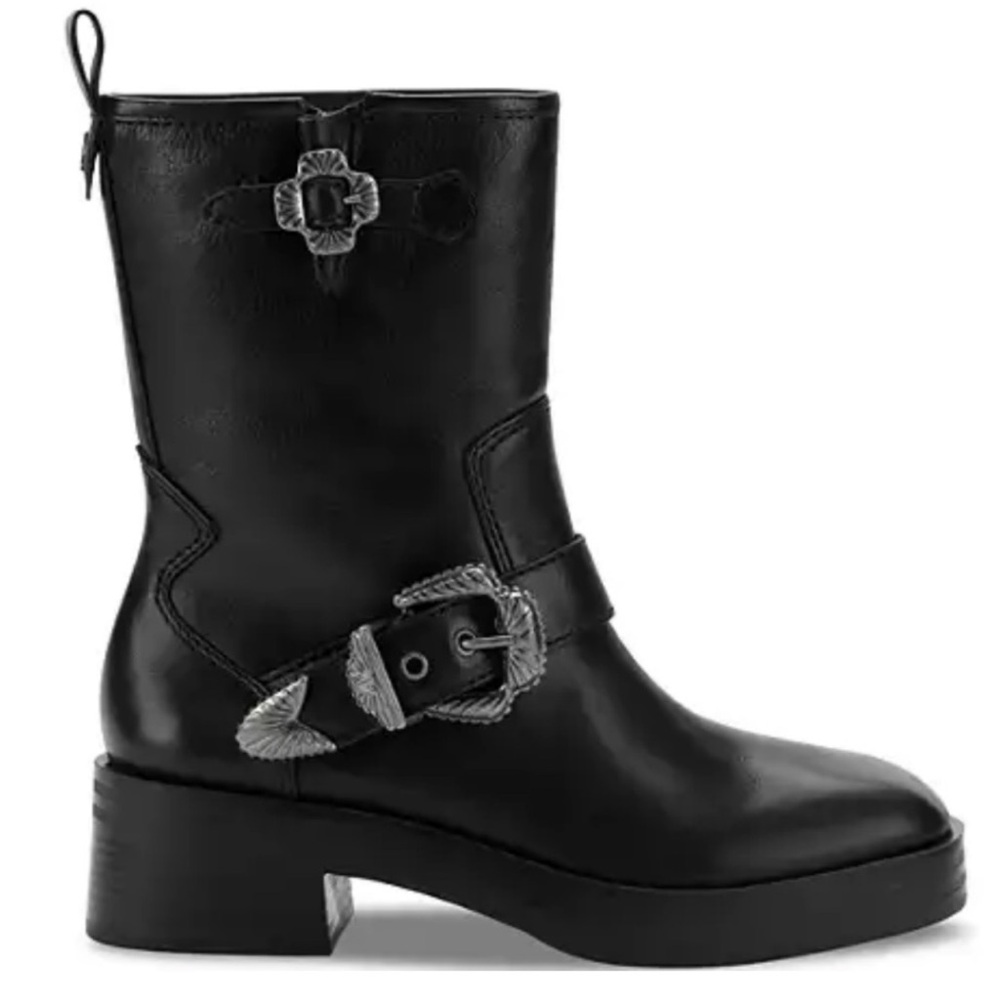 Larroude Black Leather Combat Moto Boots with Silver Buckles